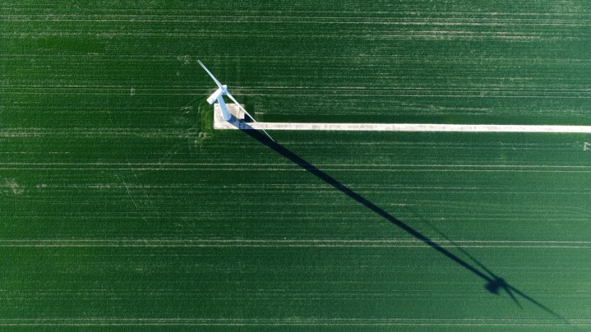 Aerial view of a wind turbine.